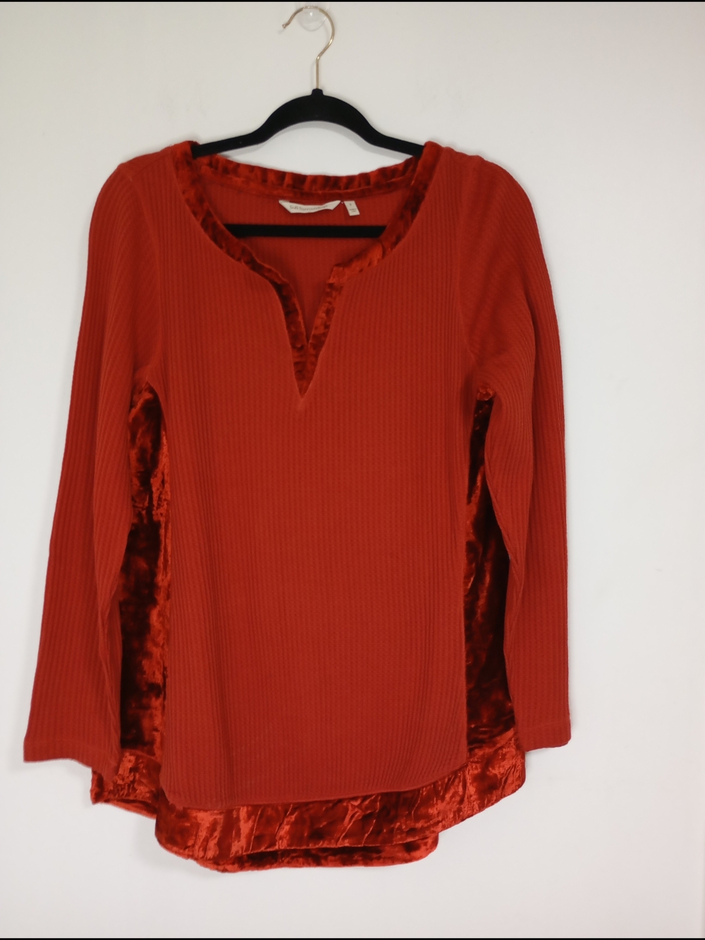 Soft Surroundings Red Waffle Knit Velvet Trim Top Women's Small Long Sleeve
